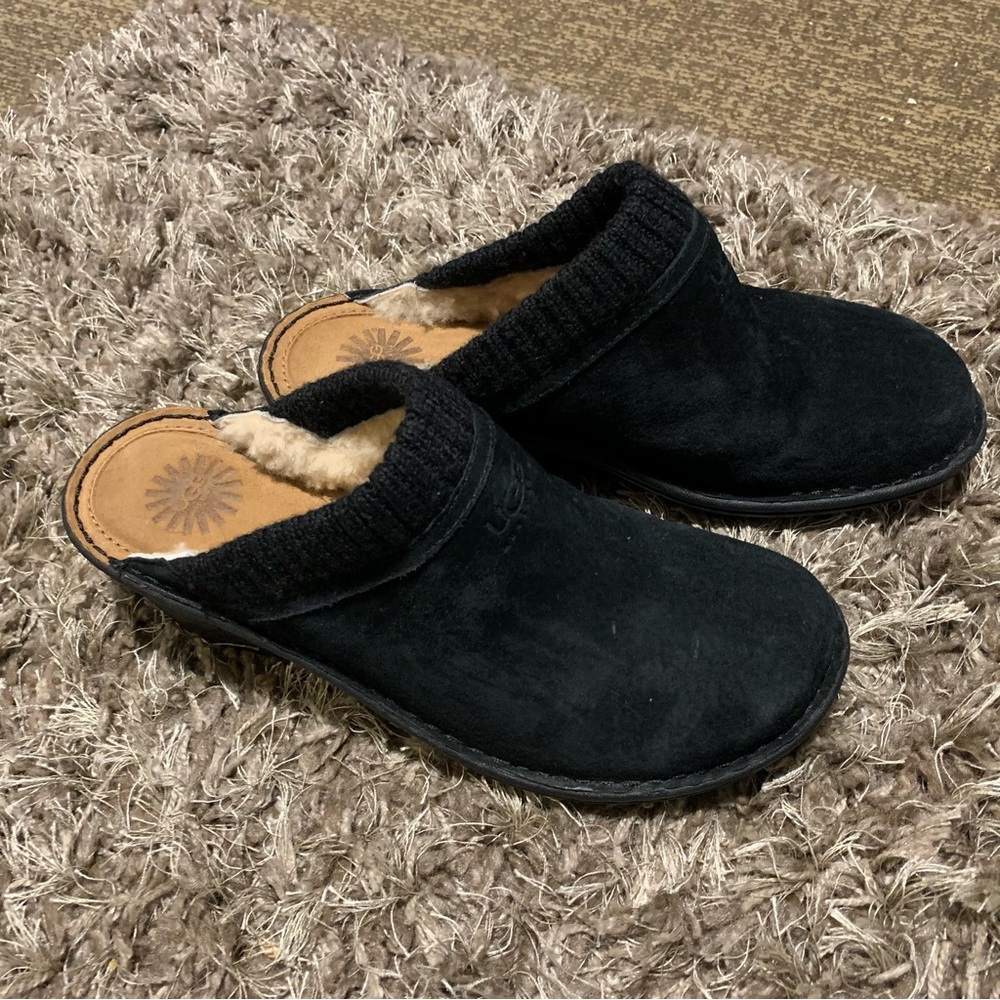 UGG black suede sheepskin wedge clogs size 11